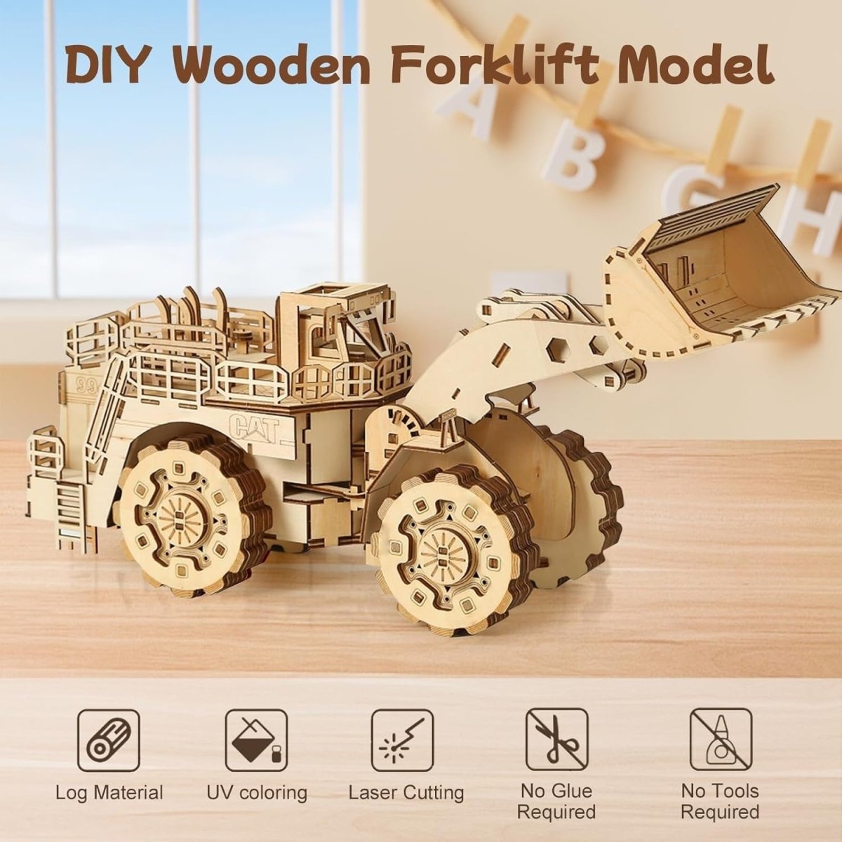 312pc Wooden Forklift Model Kit 3D Mechanical Puzzle DIY Vehicle Build - Kwikley