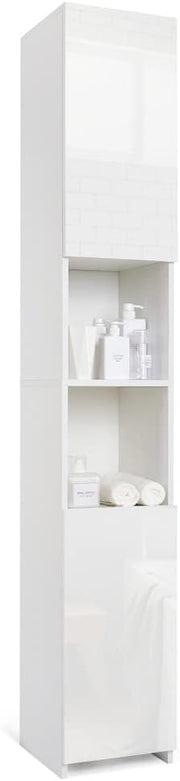 Tall Slim Bathroom Cabinet White High Gloss Storage Unit 6 Space