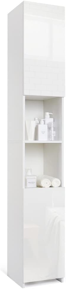 Tall Slim Bathroom Cabinet White High Gloss Storage Unit 6 Space