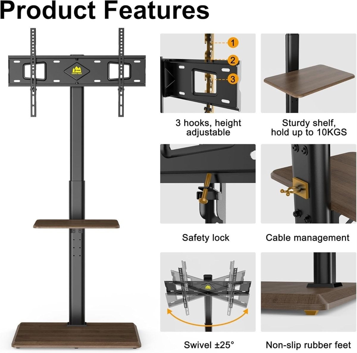32-70" Slim TV Stand Corner Floor Mount Shelf Swivel VESA 600x400 Max 40KG - Kwikley
