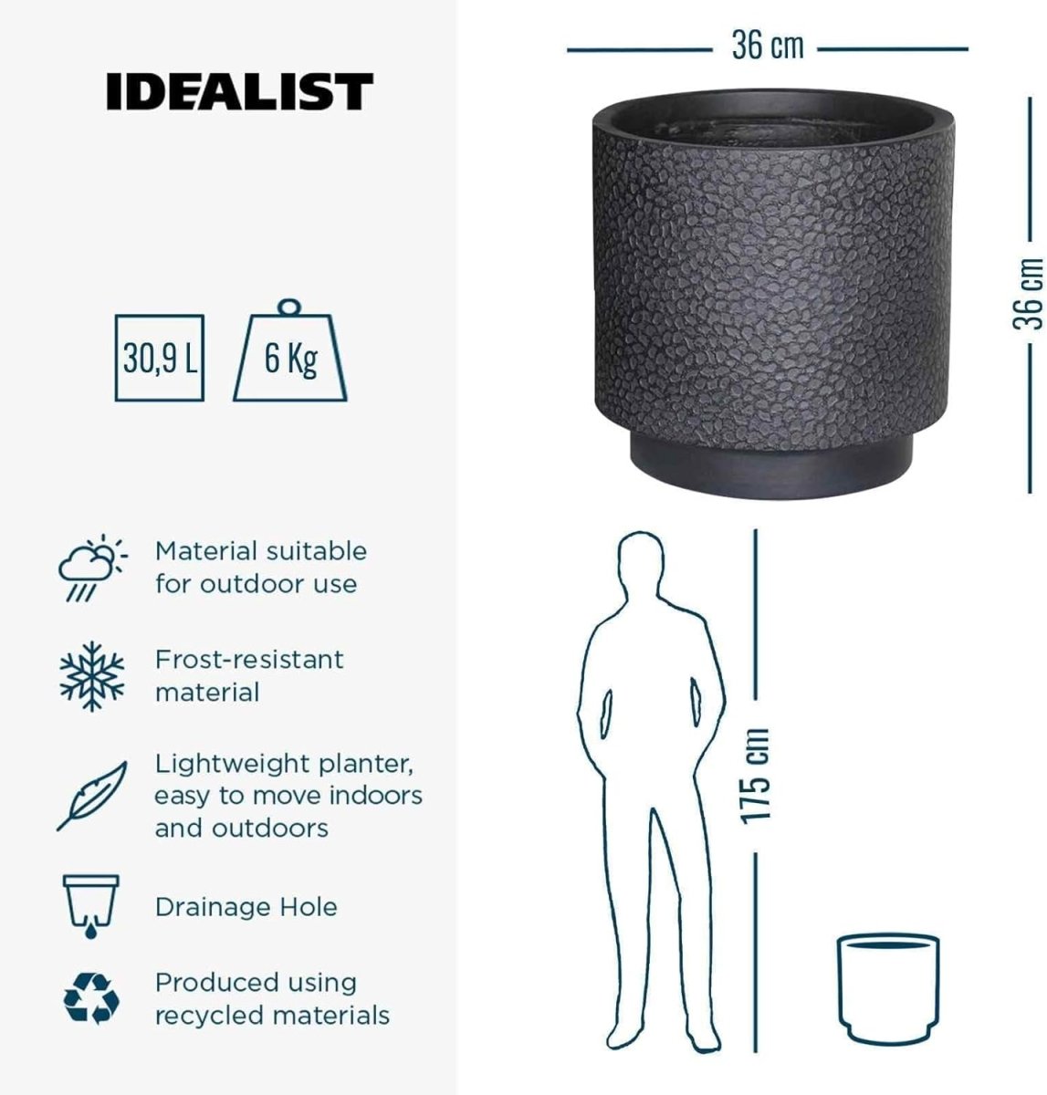35cm Round Planter Black Slate Effect Outdoor Plant Pot - Kwikley