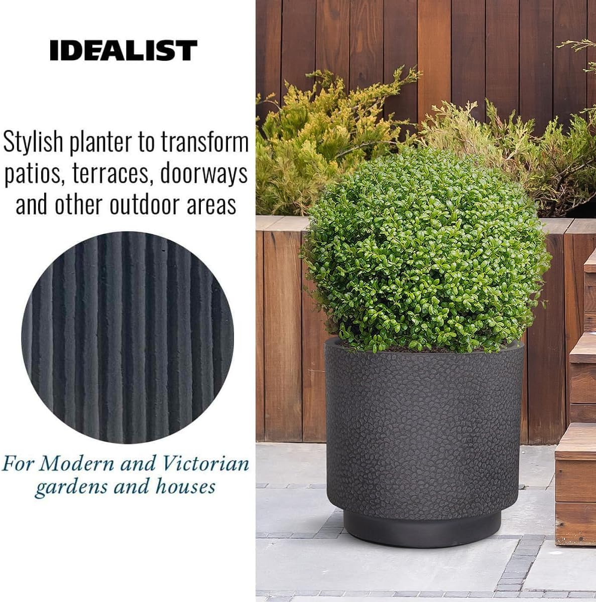 35cm Round Planter Black Slate Effect Outdoor Plant Pot - Kwikley