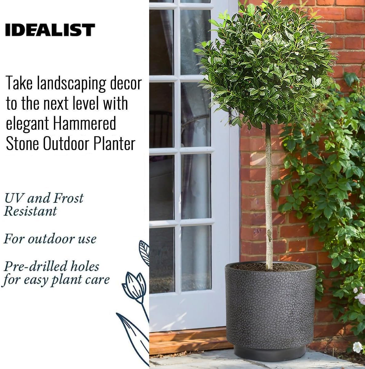 35cm Round Planter Black Slate Effect Outdoor Plant Pot - Kwikley