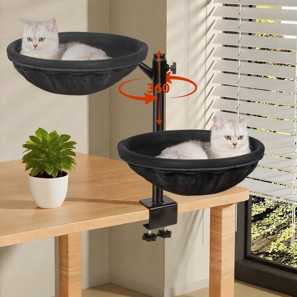 360 Rotating Desk Cat Bed Adjustable Cat Hammock Window Perch Black - Kwikley
