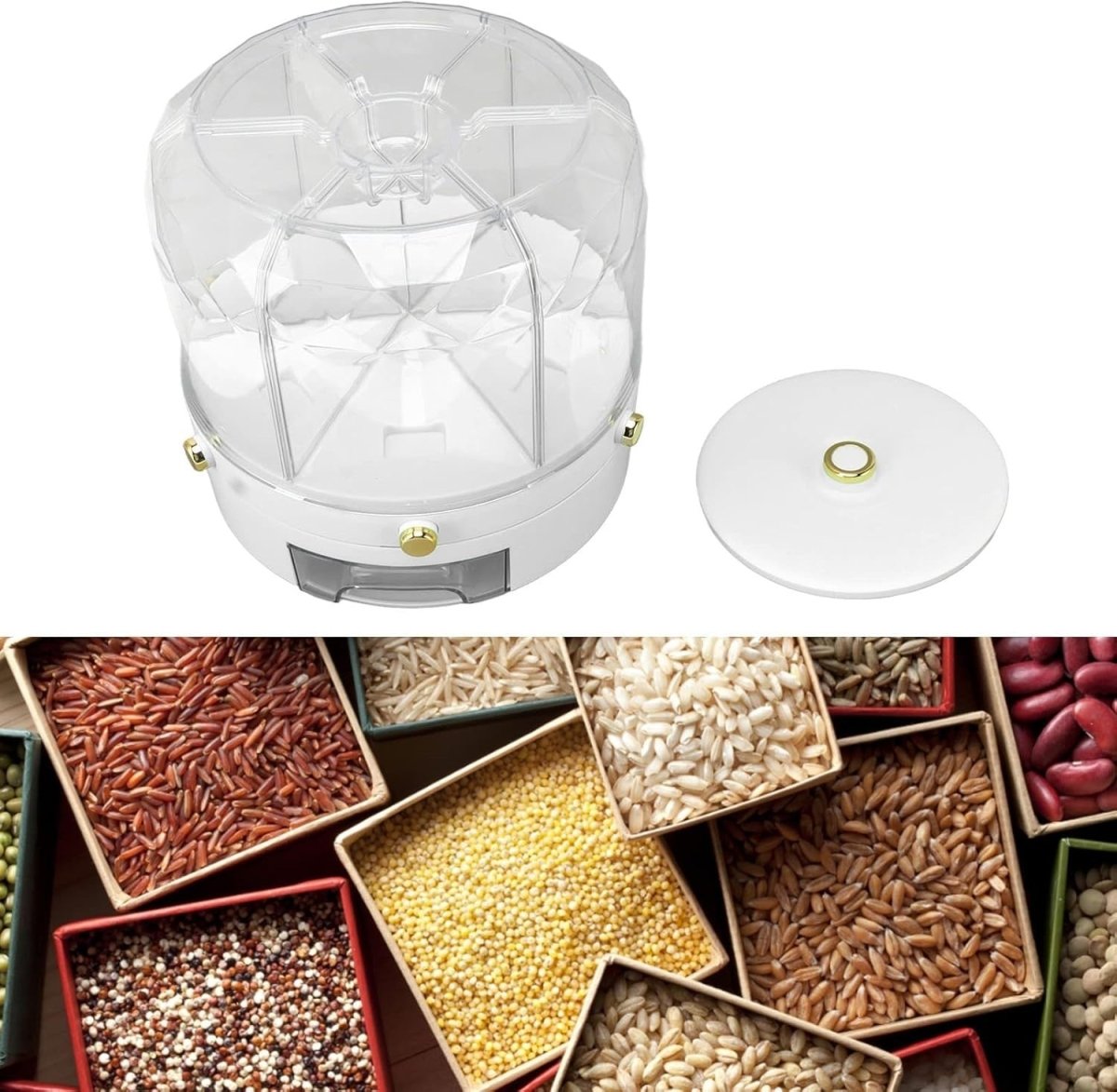 360° Rotating Rice Dispenser 6 Grid 6KG Grain Storage Container - Kwikley