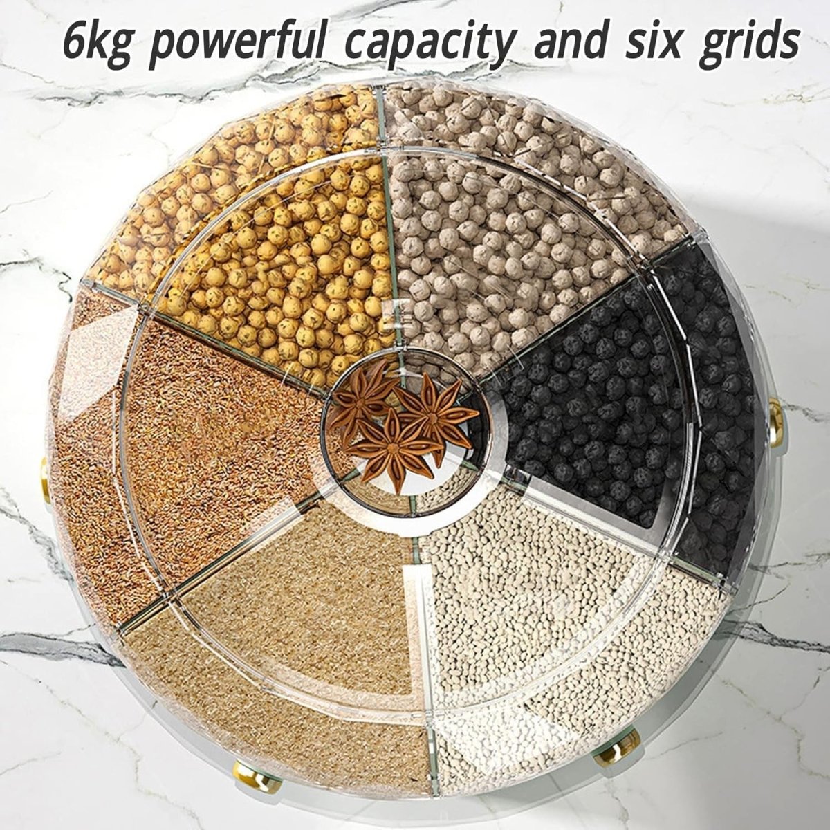 360° Rotating Rice Dispenser 6 Grid 6KG Grain Storage Container - Kwikley