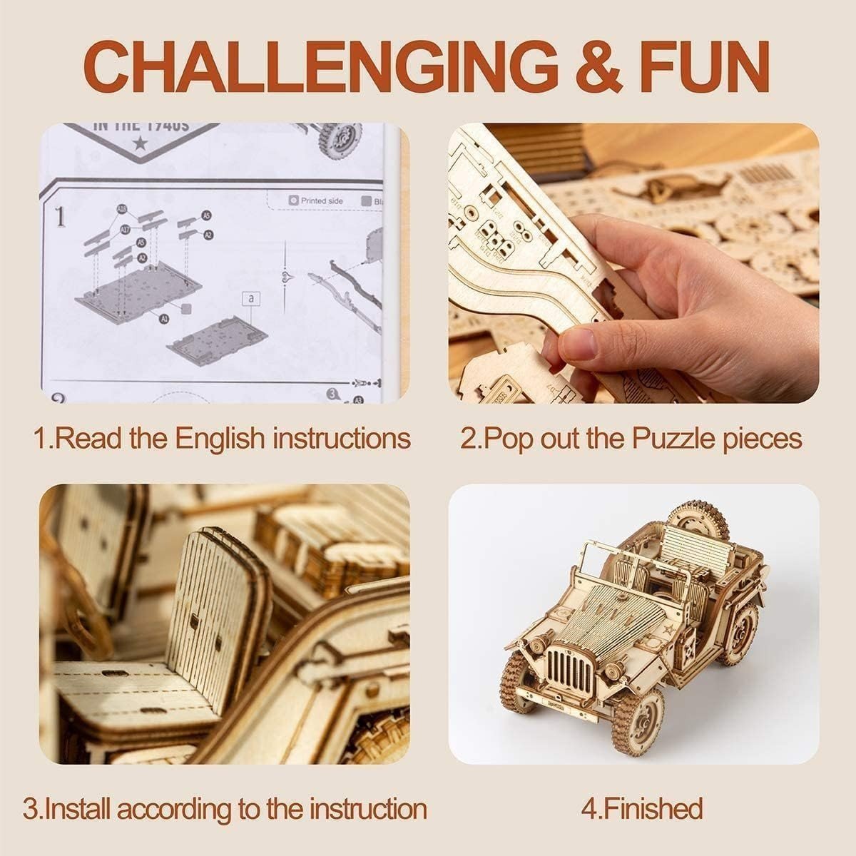 369pc Wooden Jeep Model Kit 3D Puzzle DIY Military Vehicle Build - Kwikley