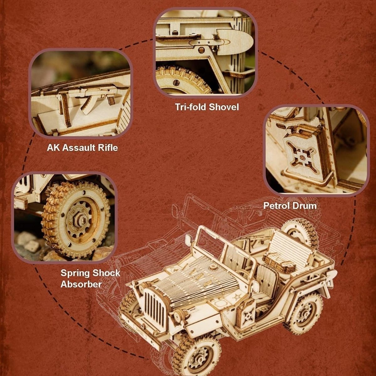 369pc Wooden Jeep Model Kit 3D Puzzle DIY Military Vehicle Build - Kwikley