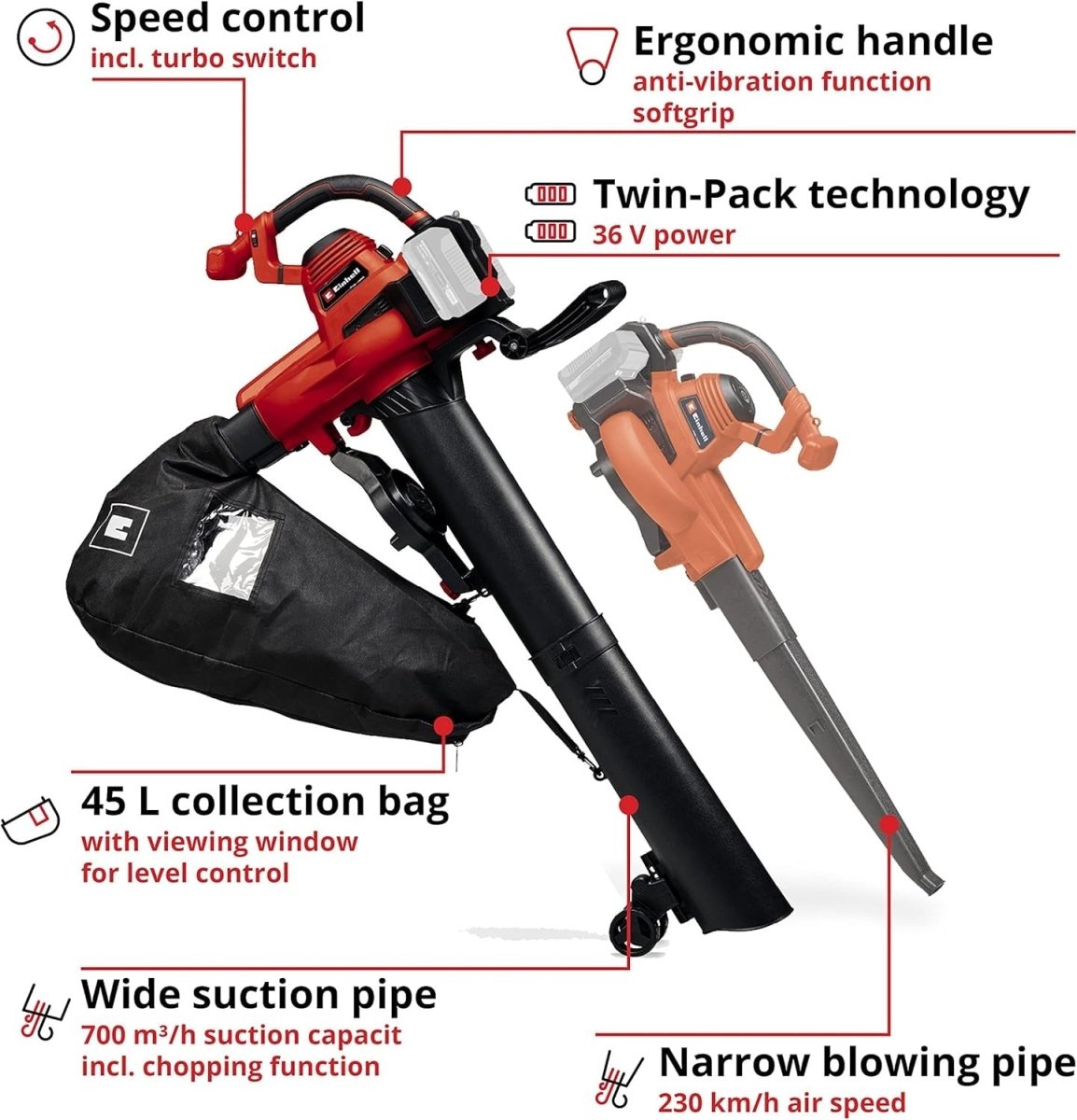 36V Cordless Leaf Blower Vacuum 2 - in - 1 Turbo Mulcher 45L Collection Bag - Kwikley