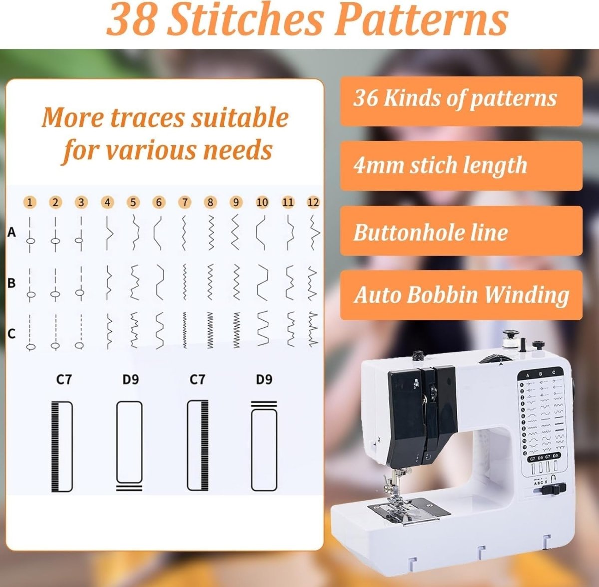 38 Stitch Sewing Machine Portable Electric LED Foot Pedal Table - Kwikley