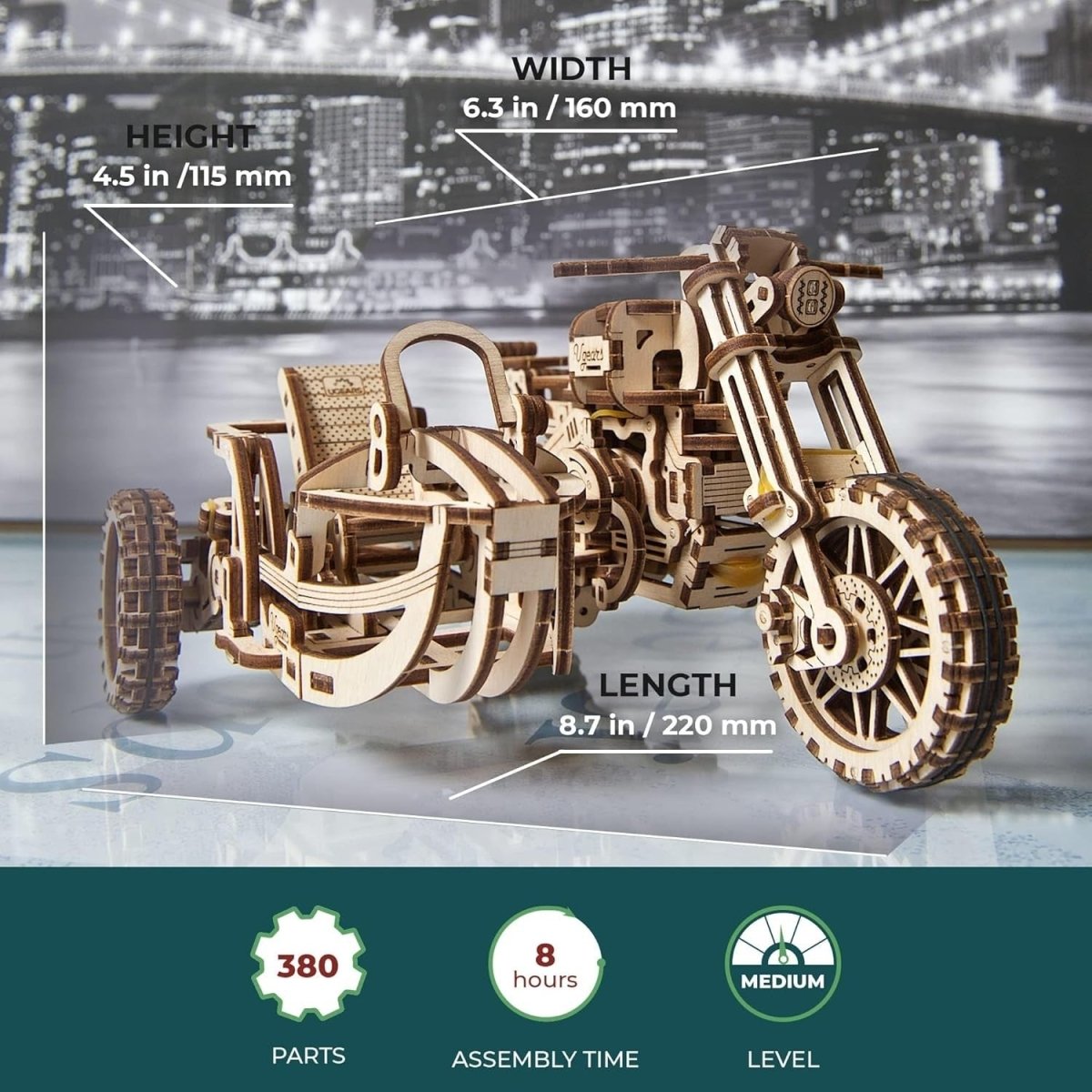 380pc Wooden Motorcycle Model Kit 3D Puzzle Sidecar Mechanical Build - Kwikley