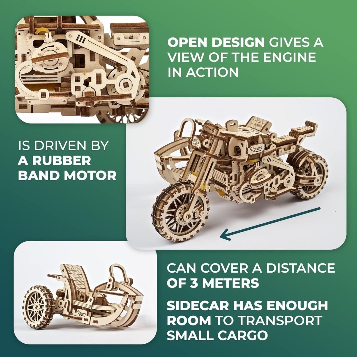 380pc Wooden Motorcycle Model Kit 3D Puzzle Sidecar Mechanical Build - Kwikley