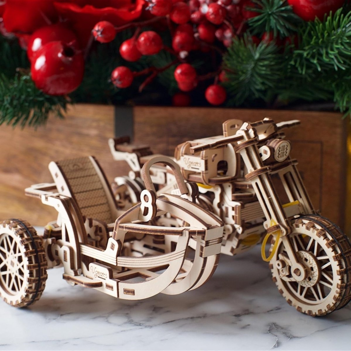 380pc Wooden Motorcycle Model Kit 3D Puzzle Sidecar Mechanical Build - Kwikley