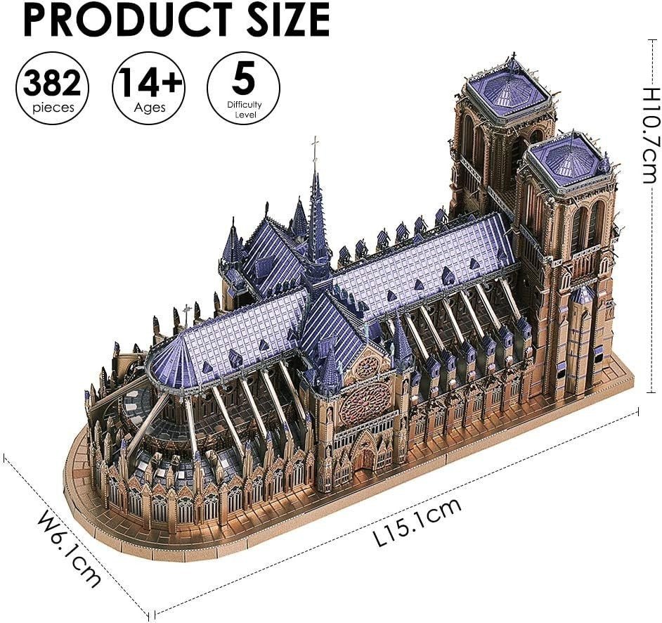 382pc Metal Cathedral 3D Puzzle Model Kit Stainless Steel DIY Build - Kwikley