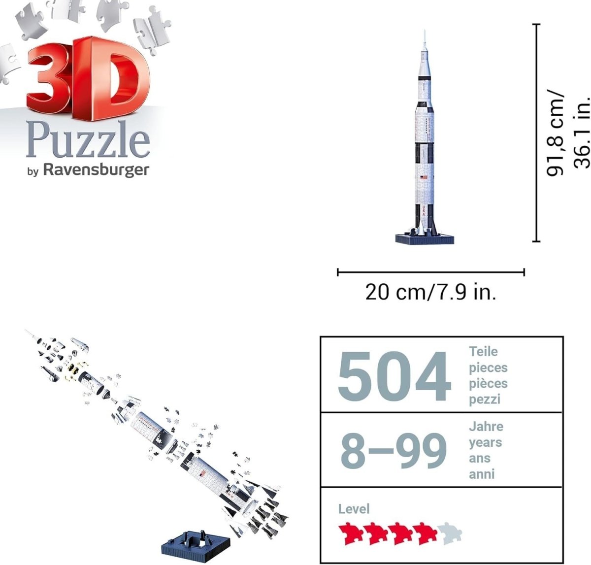 3D Apollo Saturn V Rocket Puzzle 440pc Space Model Kit No Glue Required - Kwikley
