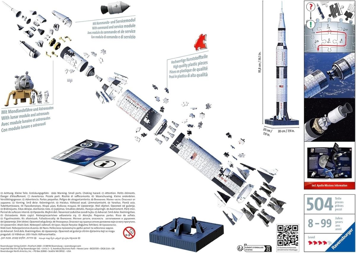 3D Apollo Saturn V Rocket Puzzle 440pc Space Model Kit No Glue Required - Kwikley