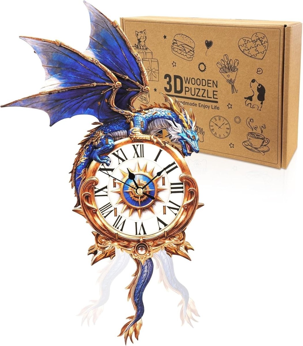 3D Blue Dragon Clock Puzzle Wooden Wall Art Timepiece Home Decor - Kwikley