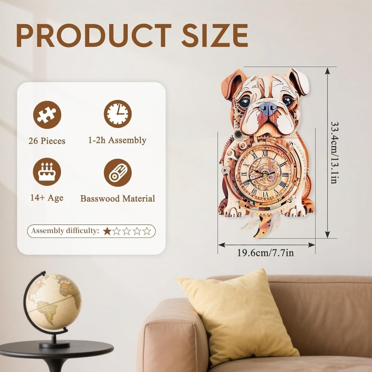 3D Bulldog Clock Puzzle Wooden Wall Art Timepiece DIY Decor Gift - Kwikley