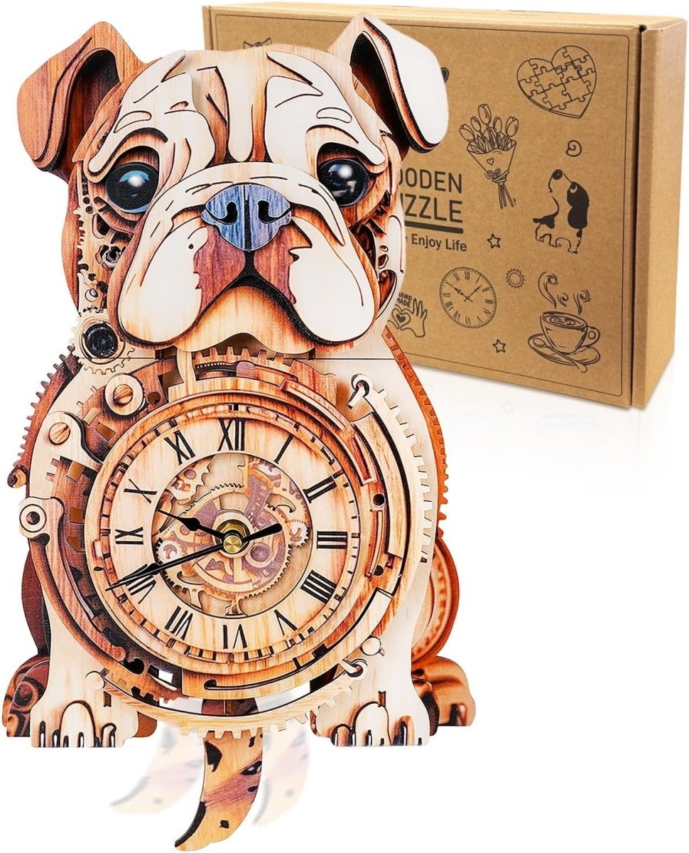3D Bulldog Clock Puzzle Wooden Wall Art Timepiece DIY Decor Gift - Kwikley