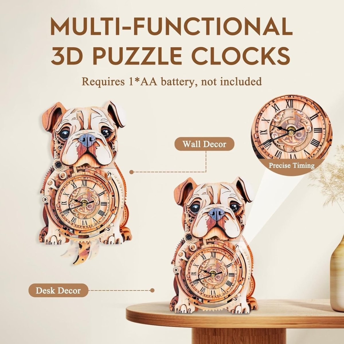 3D Bulldog Clock Puzzle Wooden Wall Art Timepiece DIY Decor Gift - Kwikley