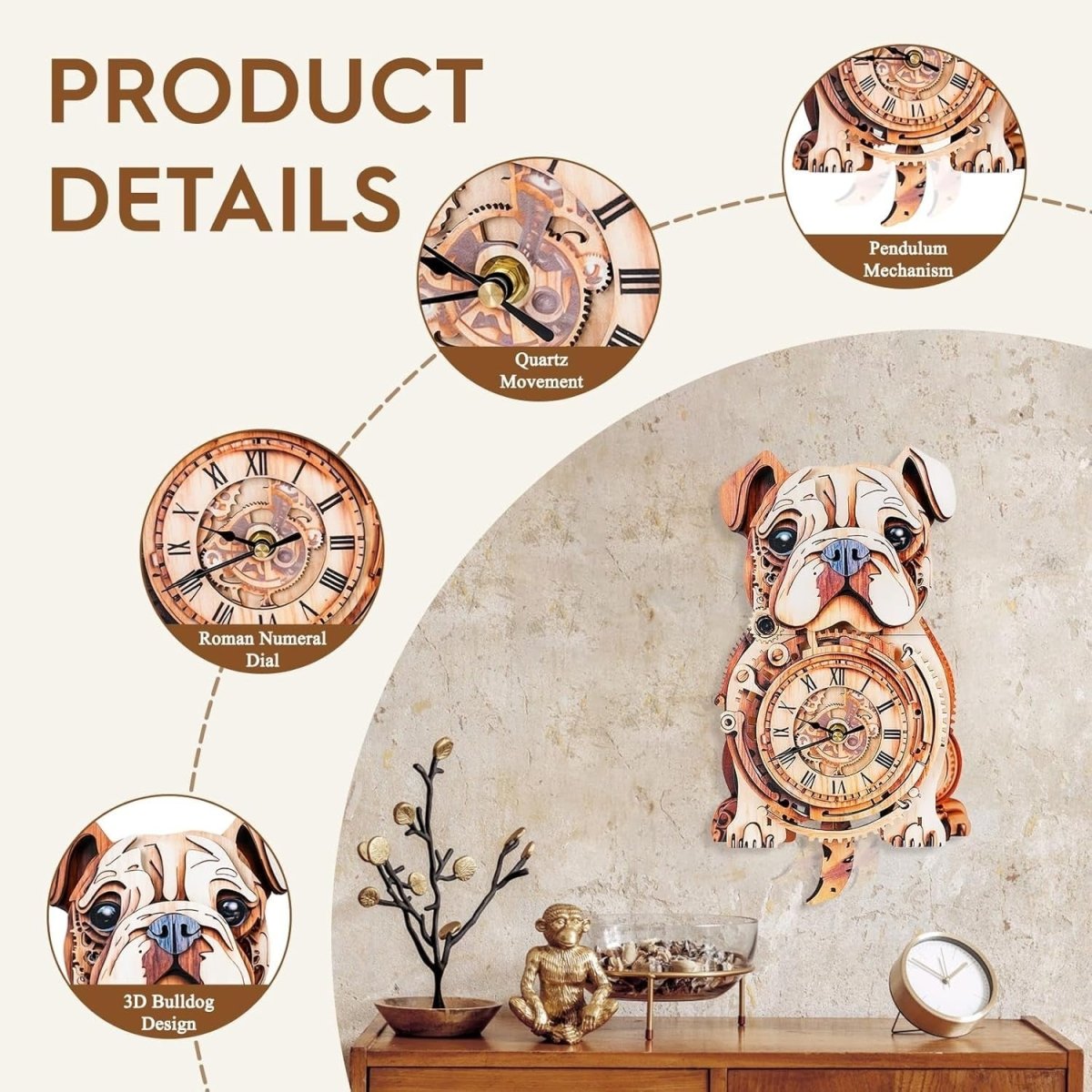 3D Bulldog Clock Puzzle Wooden Wall Art Timepiece DIY Decor Gift - Kwikley