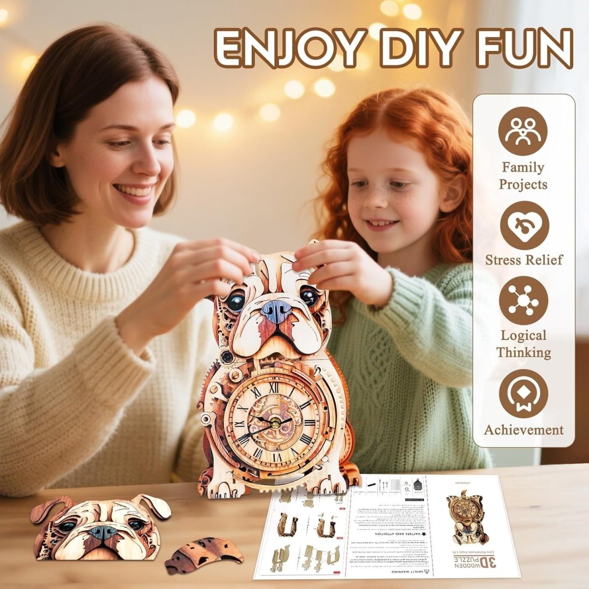 3D Bulldog Clock Puzzle Wooden Wall Art Timepiece DIY Decor Gift - Kwikley