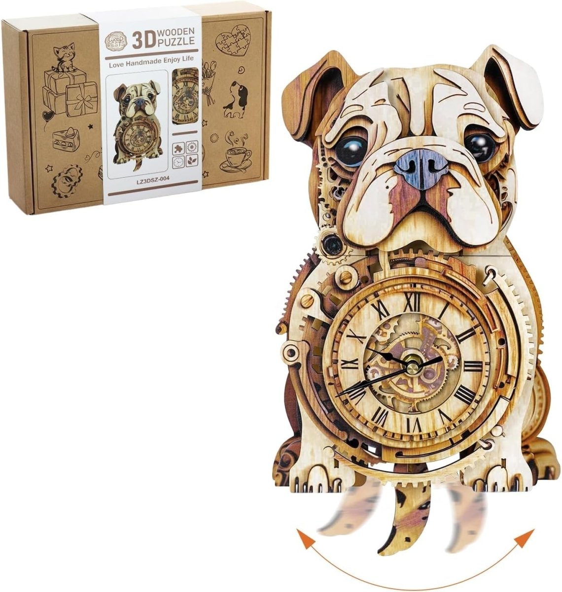 3D Bulldog Wall Clock Puzzle Wooden Pendulum DIY Dog Lover Gift - Kwikley