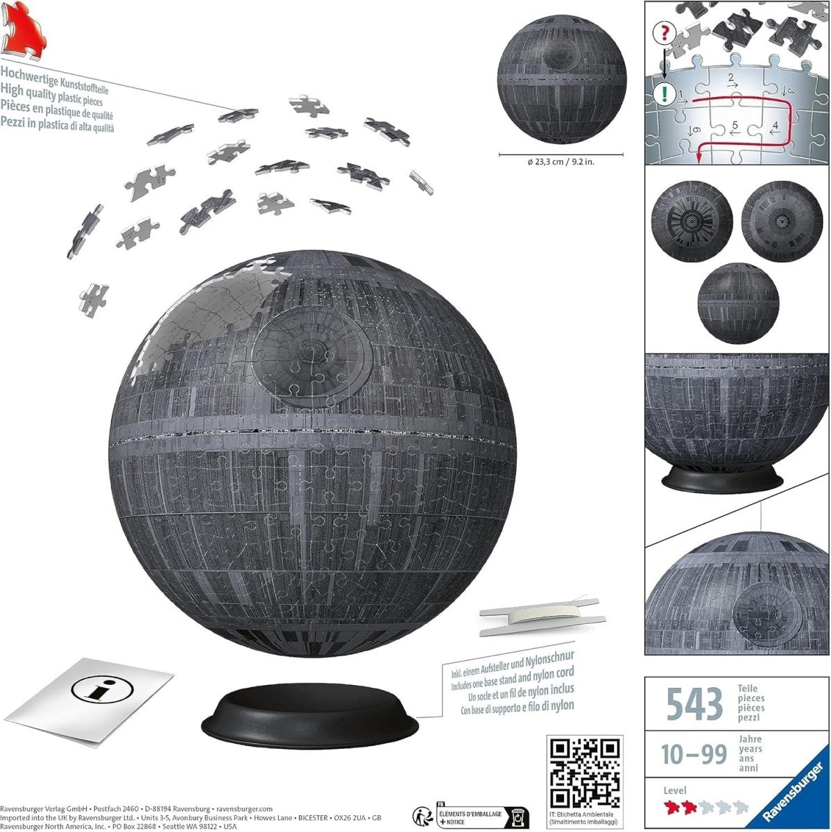 3D Death Star Puzzle 540 Piece Star Galaxy Sphere Model No Glue Kit - Kwikley