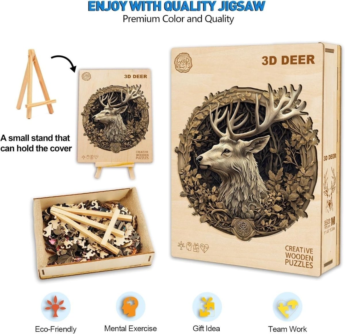 3D Deer Wooden Puzzle 295 Piece Animal Jigsaw with Gift Box Decor - Kwikley