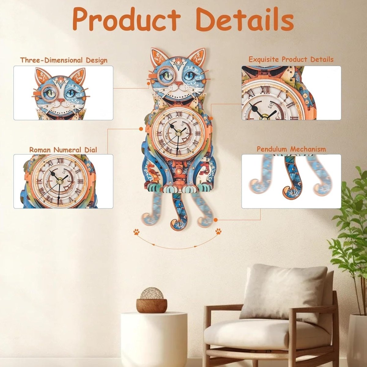 3D Detective Cat Clock Puzzle Wooden Pendulum Wall Decor DIY Kit - Kwikley