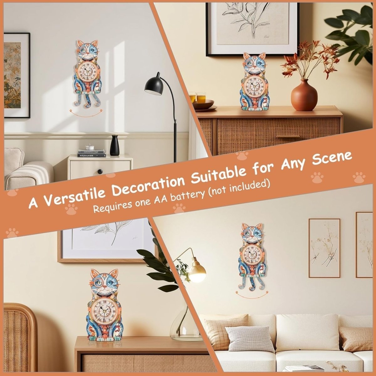 3D Detective Cat Clock Puzzle Wooden Pendulum Wall Decor DIY Kit - Kwikley