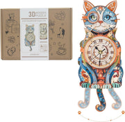 3D Detective Cat Clock Puzzle Wooden Pendulum Wall Decor DIY Kit - Kwikley