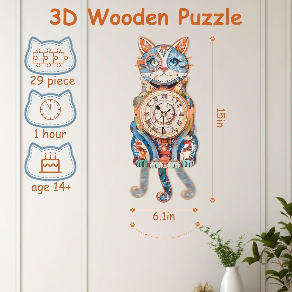 3D Detective Cat Clock Puzzle Wooden Pendulum Wall Decor DIY Kit - Kwikley
