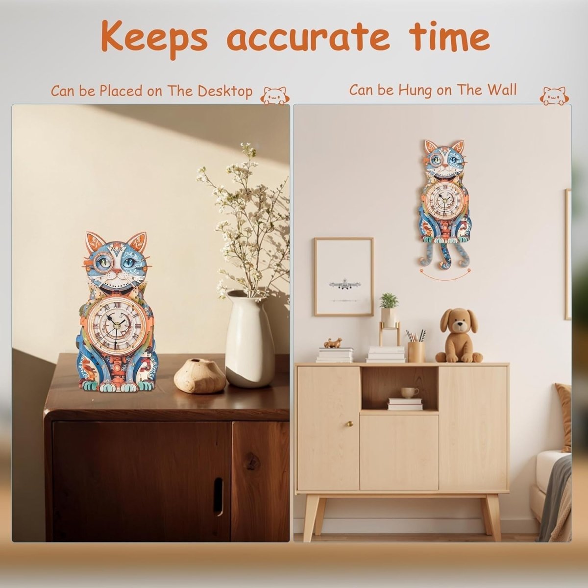 3D Detective Cat Clock Puzzle Wooden Pendulum Wall Decor DIY Kit - Kwikley