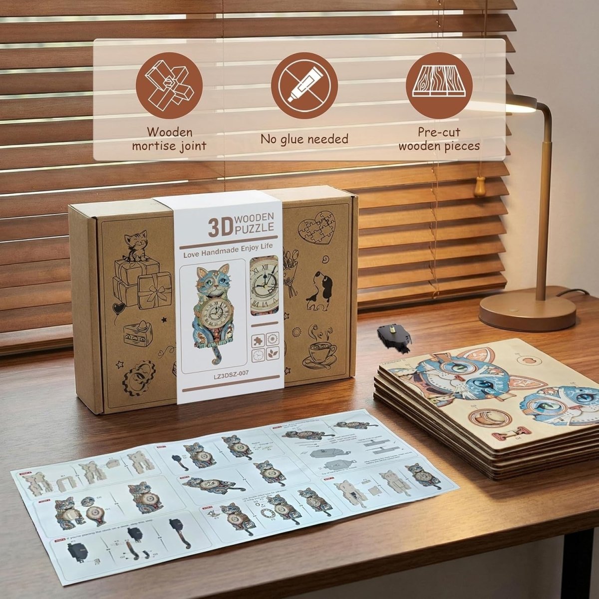 3D Detective Cat Clock Puzzle Wooden Pendulum Wall Decor DIY Kit - Kwikley