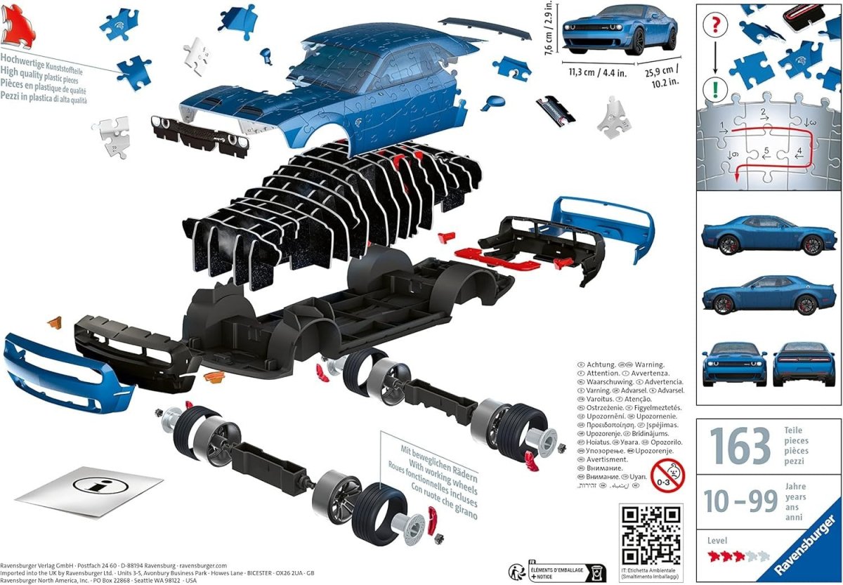 3D Dodge Muscle Car Puzzle 108 Piece Model Kit No Glue Required - Kwikley