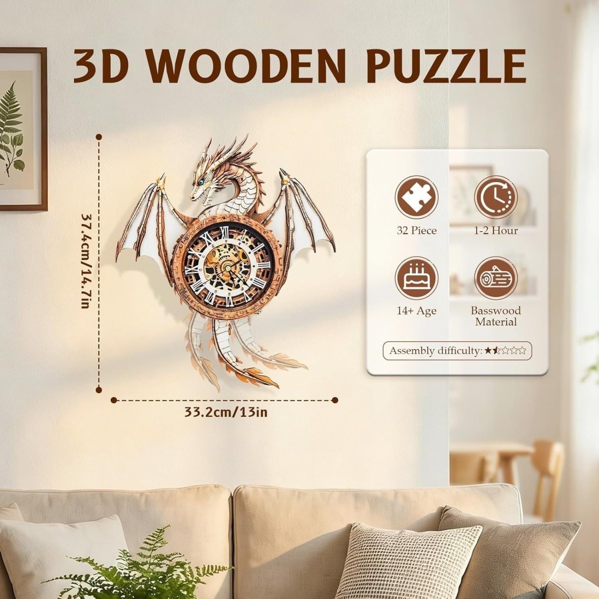 3D Dragon Wall Clock Puzzle Wooden Mechanical DIY Model Home Decor - Kwikley