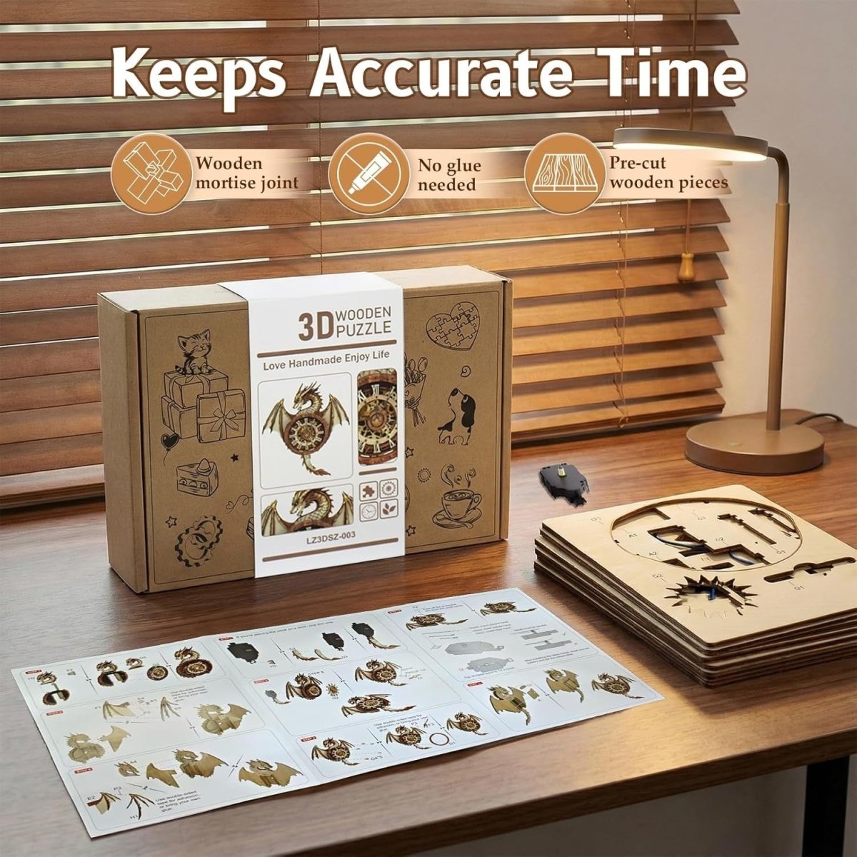 3D Dragon Wall Clock Puzzle Wooden Mechanical DIY Model Home Decor - Kwikley