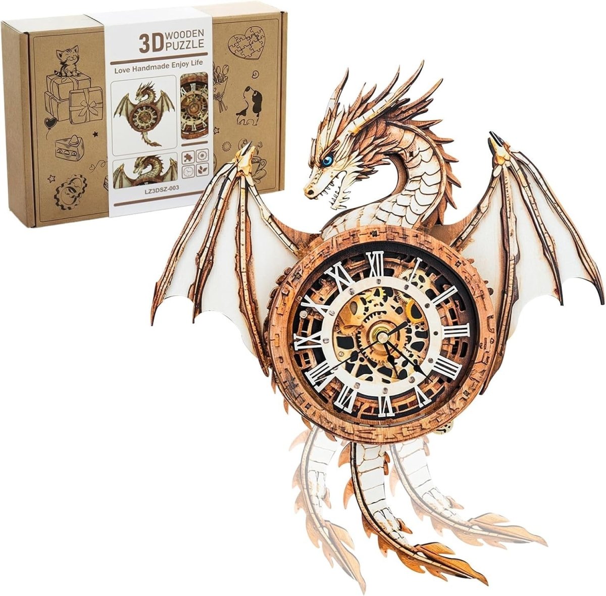 3D Dragon Wall Clock Puzzle Wooden Mechanical DIY Model Home Decor - Kwikley