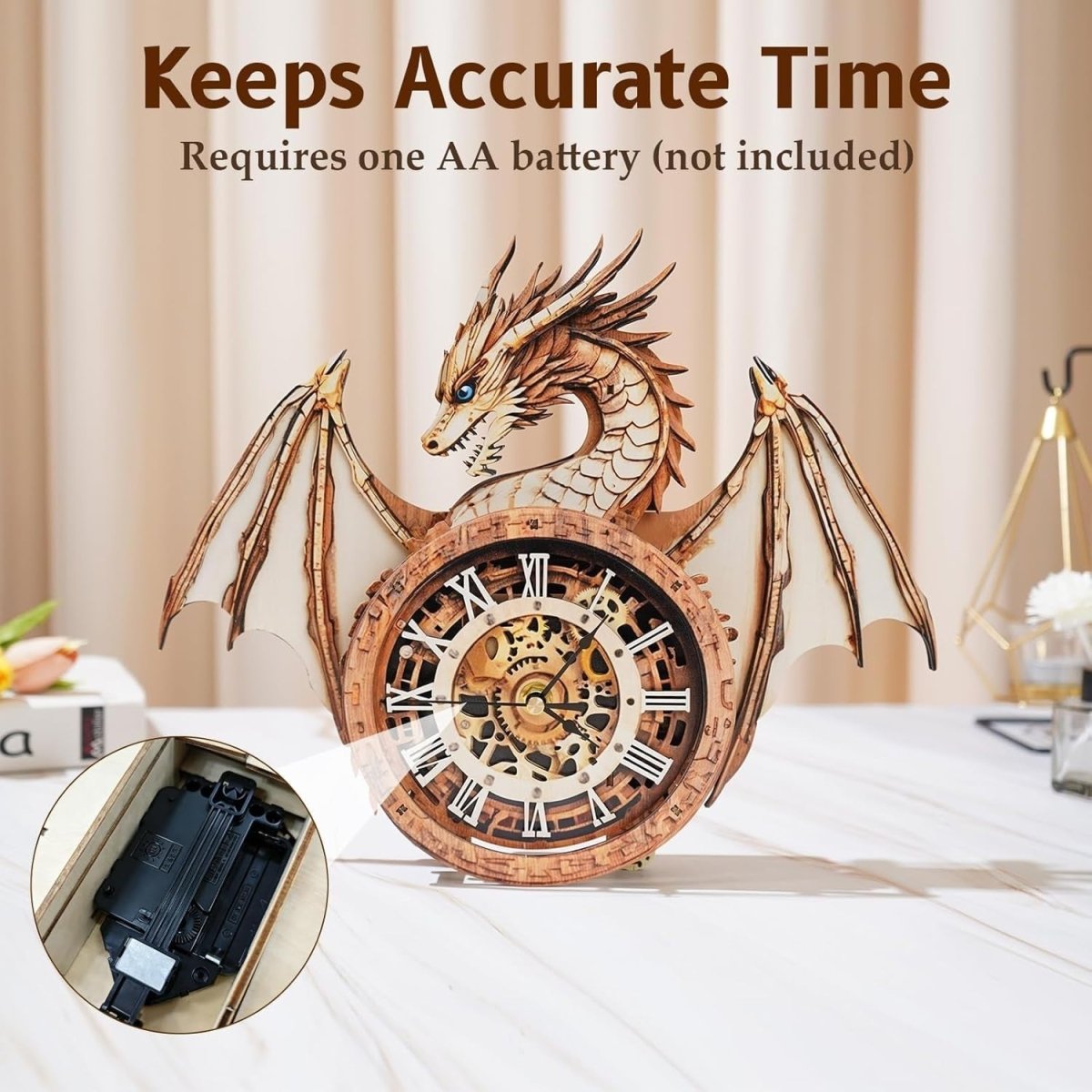 3D Dragon Wall Clock Puzzle Wooden Mechanical DIY Model Home Decor - Kwikley