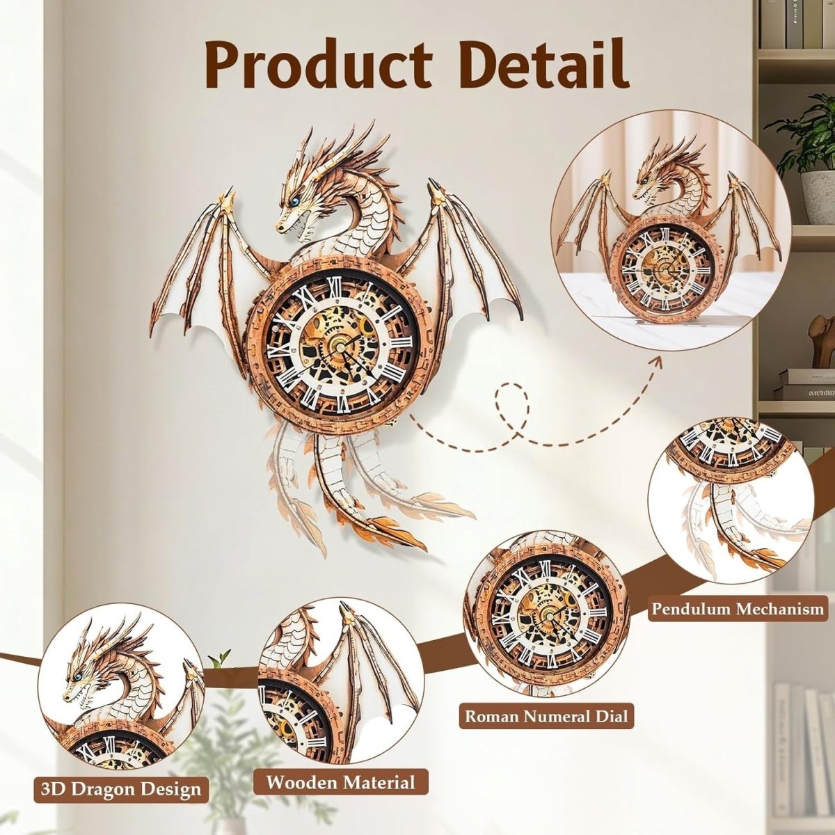 3D Dragon Wall Clock Puzzle Wooden Mechanical DIY Model Home Decor - Kwikley