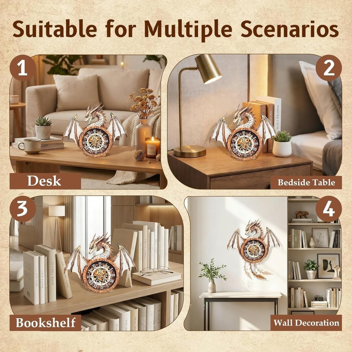 3D Dragon Wall Clock Puzzle Wooden Mechanical DIY Model Home Decor - Kwikley