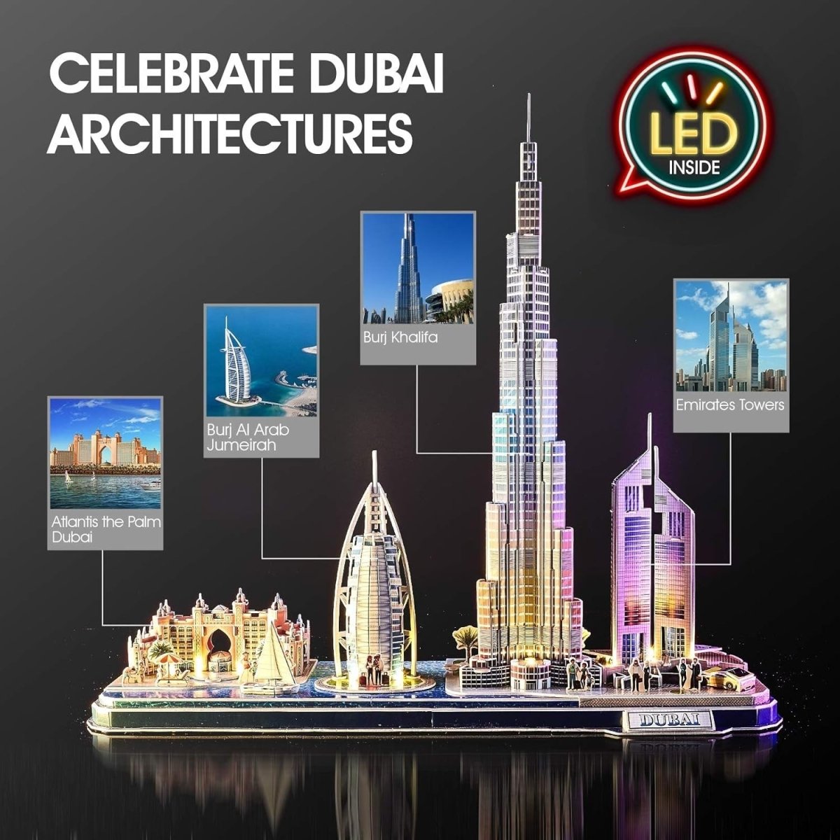 3D Dubai Skyline Puzzle LED City Model Burj Khalifa Architecture Gift - Kwikley