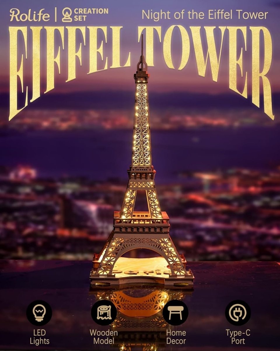 3D Eiffel Tower Puzzle LED Wooden Model Kit Paris Night Light Decor - Kwikley