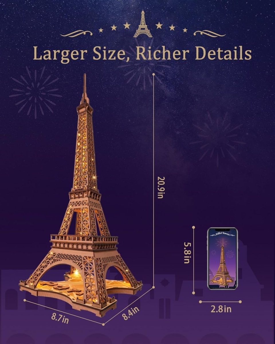 3D Eiffel Tower Puzzle LED Wooden Model Kit Paris Night Light Decor - Kwikley