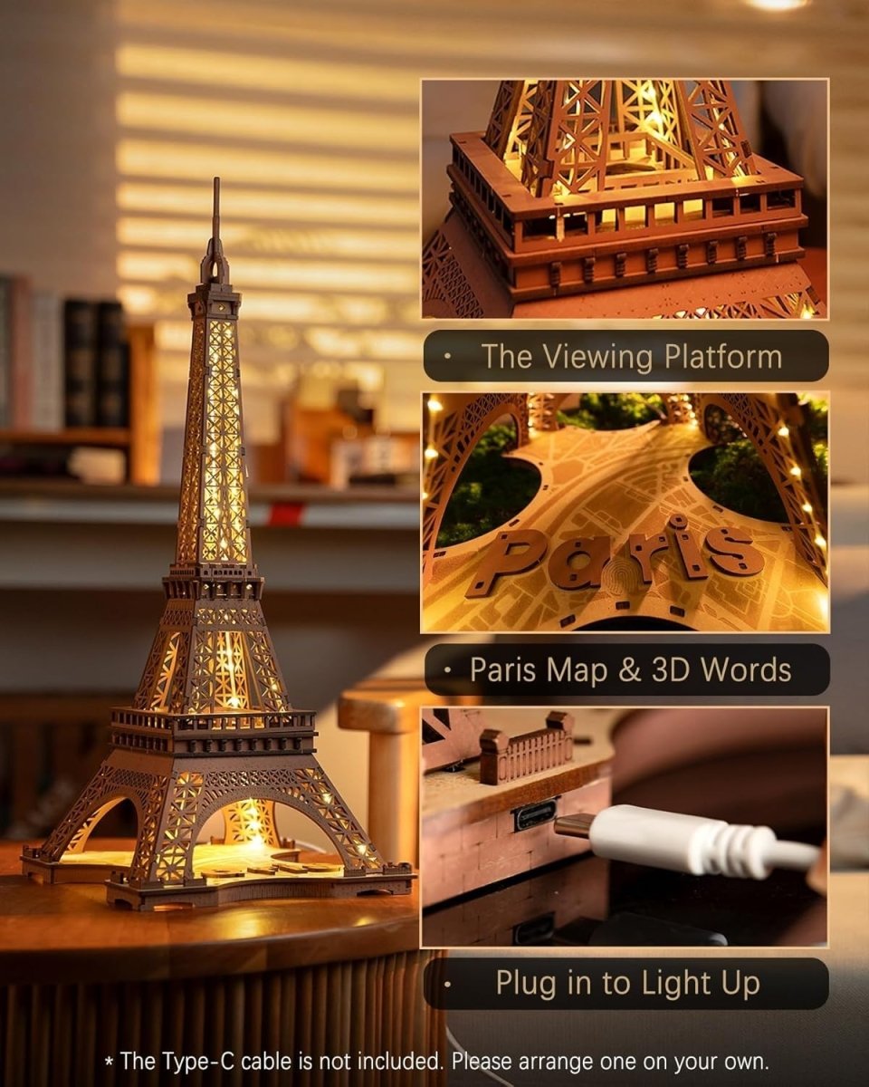3D Eiffel Tower Puzzle LED Wooden Model Kit Paris Night Light Decor - Kwikley