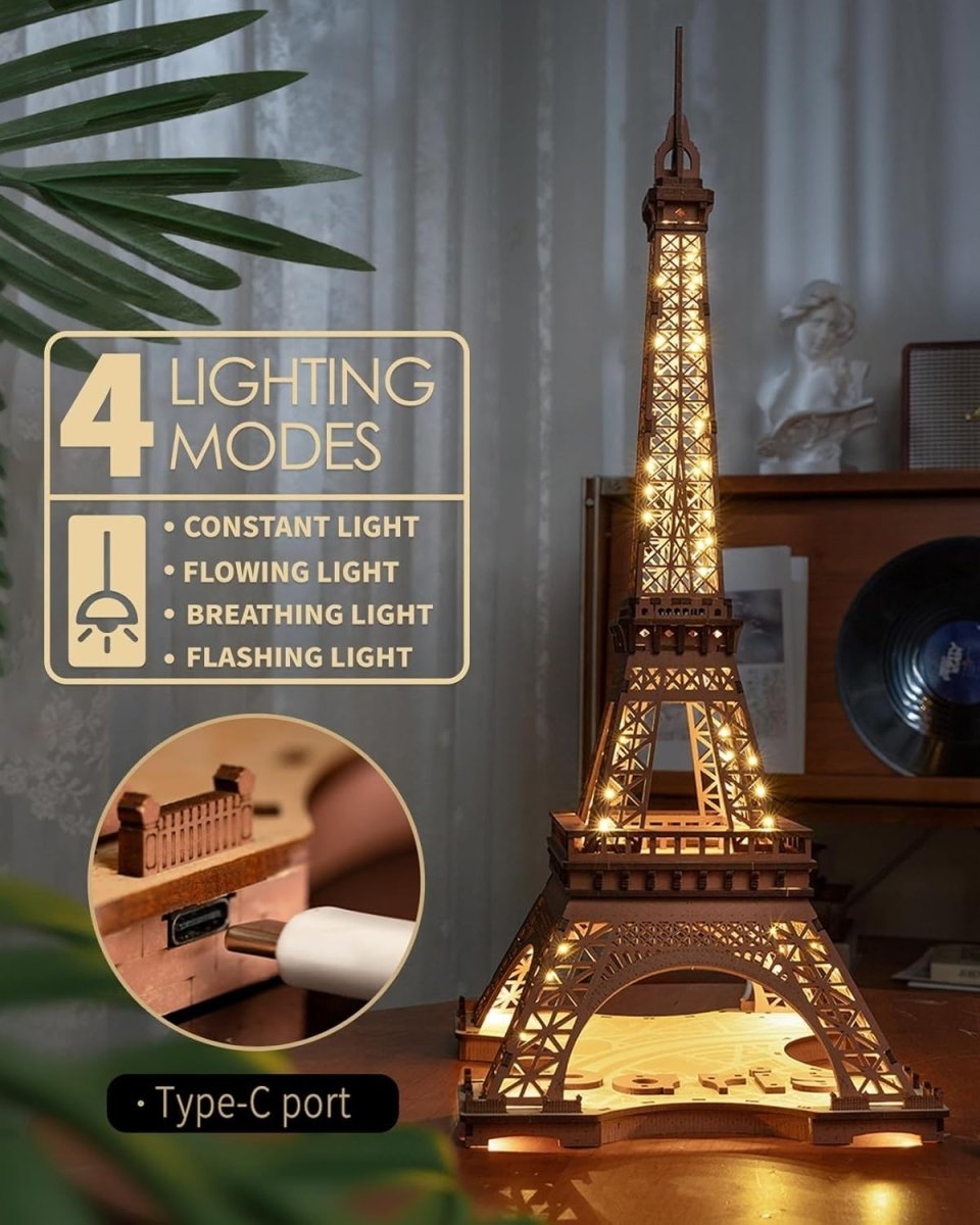 3D Eiffel Tower Puzzle LED Wooden Model Kit Paris Night Light Decor - Kwikley
