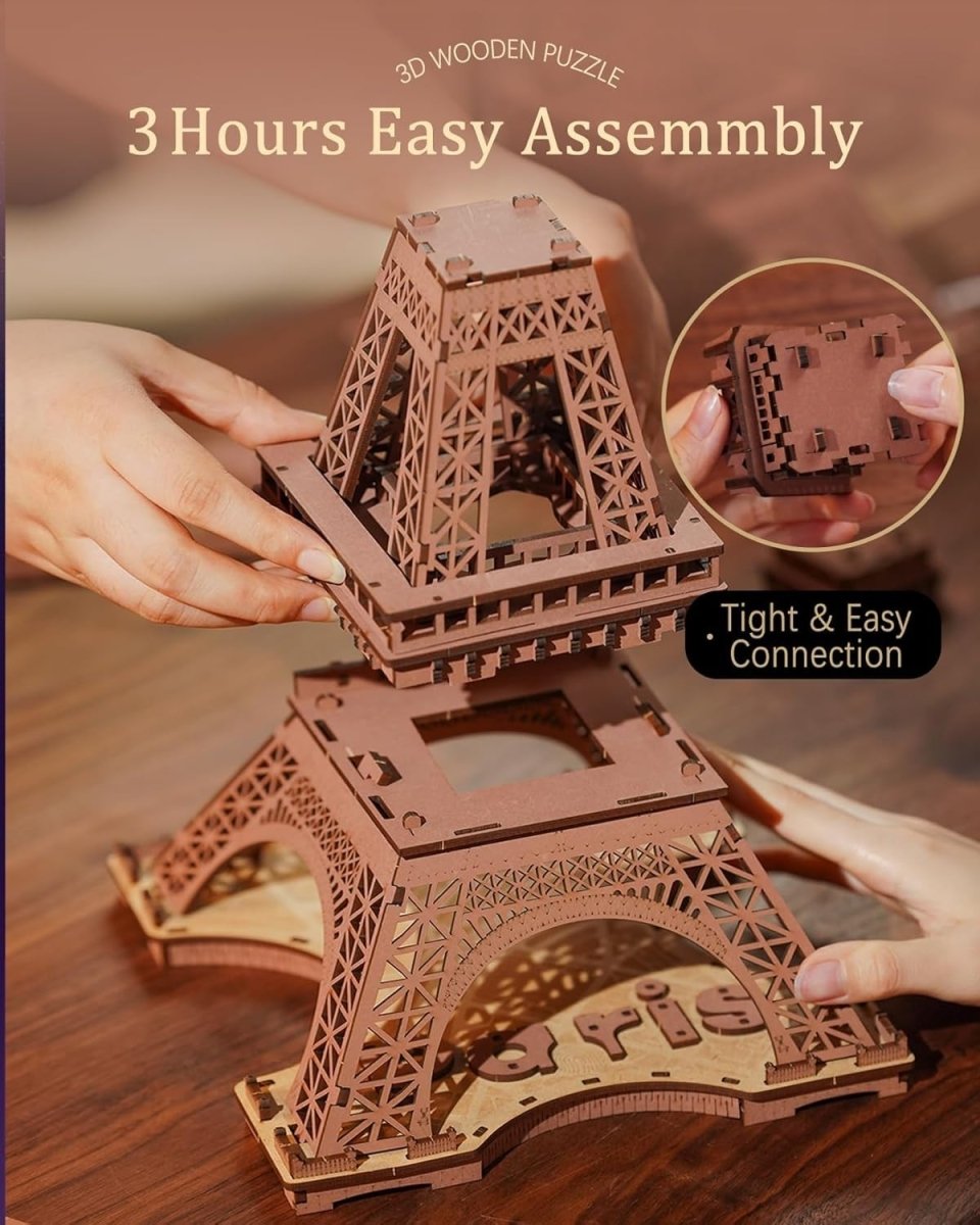 3D Eiffel Tower Puzzle LED Wooden Model Kit Paris Night Light Decor - Kwikley