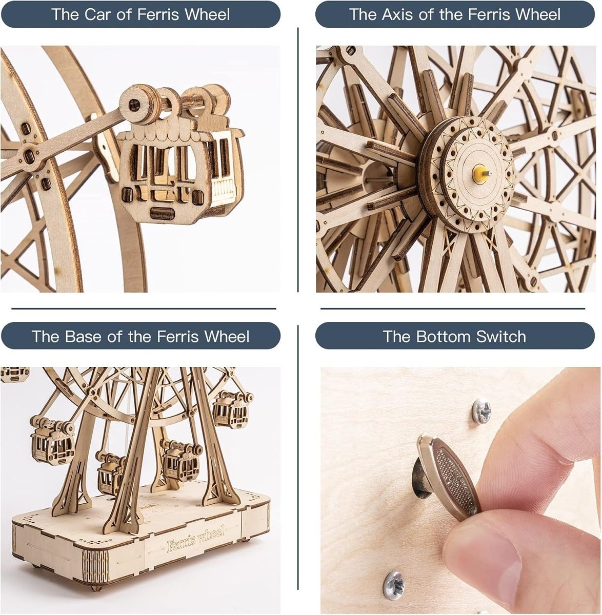 3D Ferris Wheel Music Box Wooden Puzzle Clockwork DIY Decor Gift - Kwikley