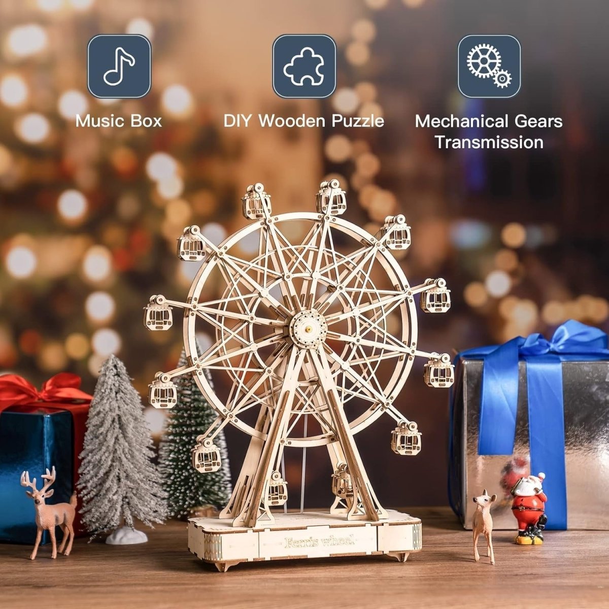 3D Ferris Wheel Music Box Wooden Puzzle Clockwork DIY Decor Gift - Kwikley
